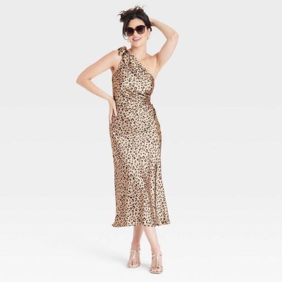 A New Day Black + Brown Satin Leopard Print One Shoulder Tea Length Dress - Picture 1 of 9